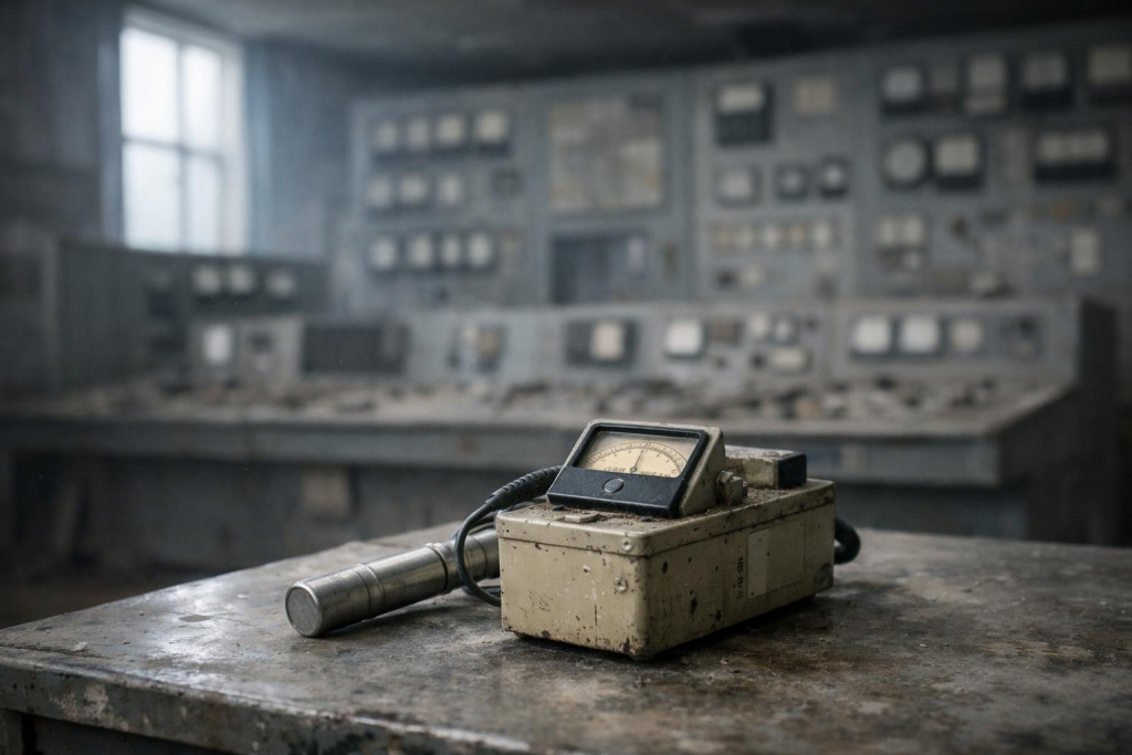 Ein alter analoger Geigerzähler liegt auf einem abgenutzten Metalltisch in einem verlassenen Kontrollraum eines sowjetischen Atomkraftwerks aus den 1980er-Jahren. Im Hintergrund sind unscharfe graue Schalttafeln und alte Messinstrumente zu sehen. Kaltes Tageslicht fällt durch ein hohes Fenster und feiner Staub schwebt in der Luft.
