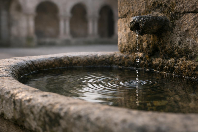 Dokumentarisch-realistisches Foto eines alten steinernen Wasserbeckens in einem Klosterkreuzgang mit Einzelwassertropfen aus einer kleinen Quelle, glatter Steinkante und feinen kreisförmigen Wellen auf der Wasseroberfläche bei weichem Morgenlicht.