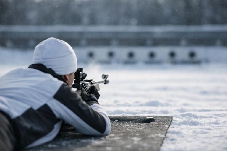 Eine Biathletin oder ein Biathlet liegt bäuchlings auf einer verschneiten Matte an einem winterlichen Biathlon-Schießstand, mit ruhigem Gewehr auf entfernte Zielscheiben gerichtet, der Hintergrund zeigt unscharfen Schnee und dunkle Zielscheiben im kalten Morgenlicht.
