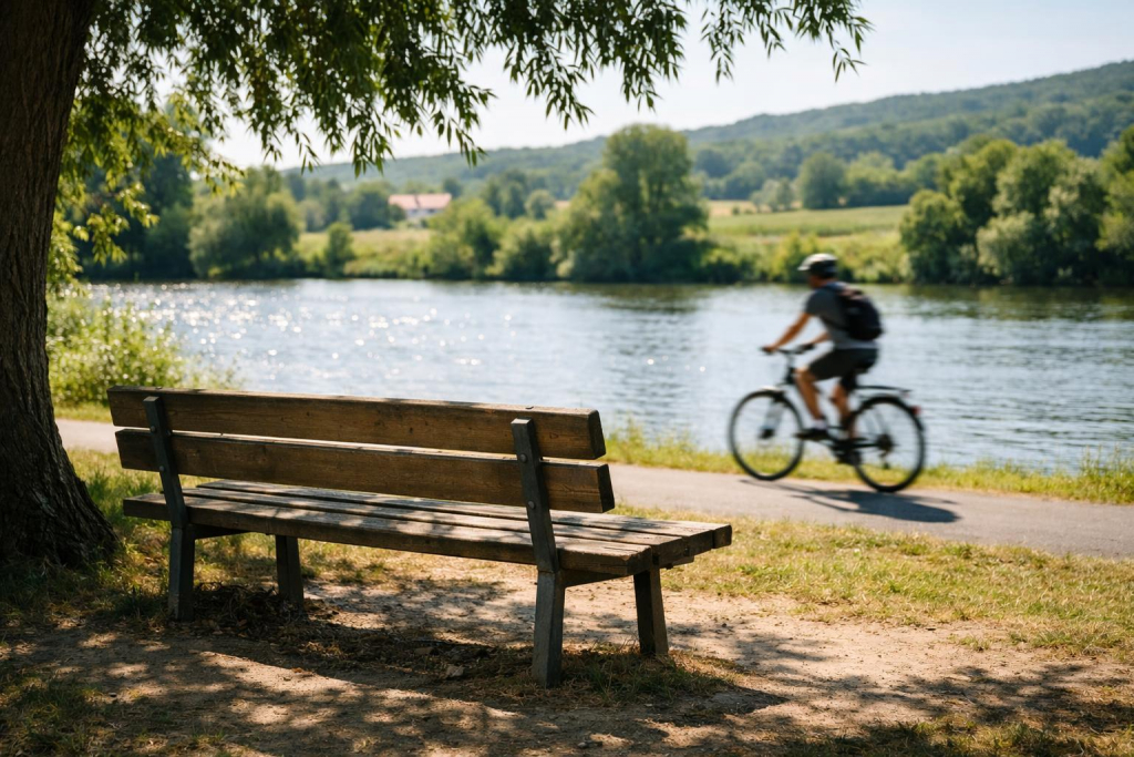 Leere schlichte Holzbank im Schatten eines großen Baumes am ruhigen Mainufer an einem hellen Sommertag, mit einem schmalen Radweg und einem leicht unscharfen Radfahrer im Hintergrund.