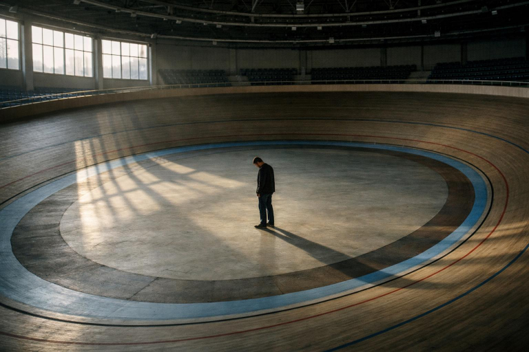 Leere, runde Indoor-Laufbahn oder kleines Velodrom am frühen Morgen mit weichem Seitenlicht durch hohe Fenster. Eine einzelne Person steht ruhig in der Mitte der Bahn.
