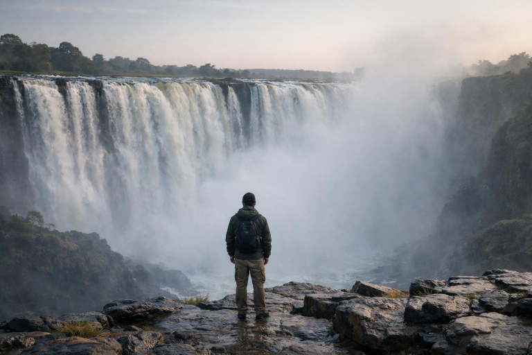 Ein weiter Blick auf einen mächtigen Wasserfall ähnlich den Viktoriafällen, gesehen von einem felsigen Aussichtspunkt. Eine einzelne Person in Outdoor-Kleidung steht am Rand und blickt in die aufsteigende Gischt. Feuchte Felsen und dichter Sprühnebel bei gedämpftem Morgenlicht sind sichtbar.