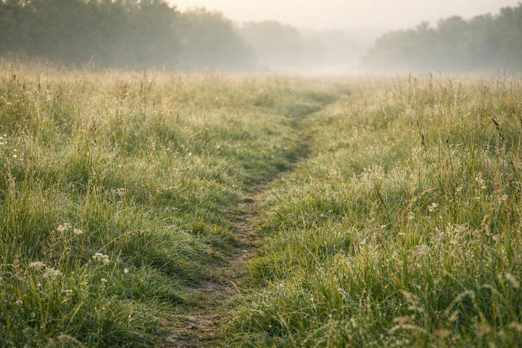 Ein schmaler, durch wiederholte Schritte entstandener Trampelpfad in einer taunassen Wiese am frühen Morgen, umgeben von niedergedrücktem Gras und leichtem Nebel, aufgenommen auf Augenhöhe.