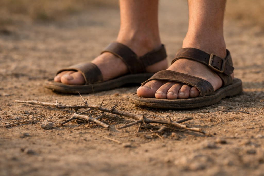 Nahaufnahme von einem Paar schlichter, leicht abgenutzter Ledersandalen an den Füßen einer Person auf einem trockenen, staubigen Feldweg mit vereinzelten Dornenzweigen und kleinen Ästen darauf, aufgenommen bei warmem Morgenlicht in natürlicher Umgebung.
