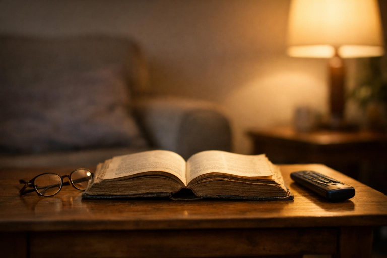 Dokumentarisch-realistische Fotografie eines stillen Abendmoments in einem einfachen Wohnzimmer mit einem kleinen Holztisch, darauf ein altes, abgegriffenes Buch, eine Lesebrille und eine ausgeschaltete Fernbedienung, im warmen Licht einer Stehlampe.