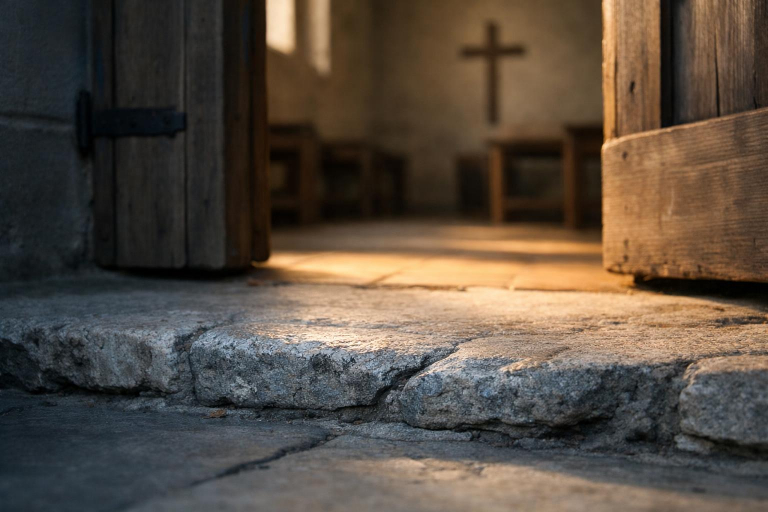 Eine abgenutzte steinerne Türschwelle vor einer schlichten Kapelle, im Vordergrund kühler Schatten, durch eine halb geöffnete Holztür fällt warmes Morgenlicht auf den Boden, unscharfes schlichtes Kreuz im Hintergrund.