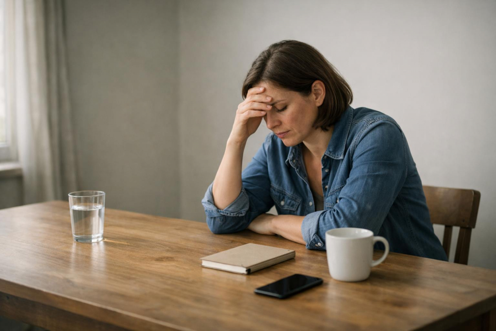 Eine Person sitzt an einem schlichten Holztisch in einem ruhigen, natürlich beleuchteten Raum, mit einer Hand an der Stirn und einem ausgeschalteten Smartphone neben sich.