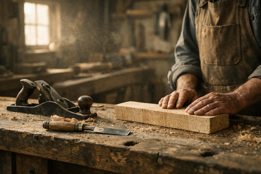 Eine alte Zimmermannswerkstatt am frühen Morgen mit einer abgenutzten Holzwerkbank, Werkzeugen und einem älteren Handwerker, der seine Hände ruhig auf einem Stück Holz ruhen lässt. Warmes Licht fällt durch ein kleines Fenster, feiner Staub ist in der Luft sichtbar.