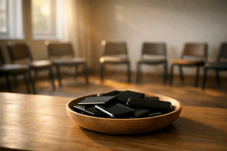 Seminarraum am frühen Morgen mit einem Holztisch, auf dem eine flache Holzschale mit mehreren ausgeschalteten Smartphones liegt. Im Hintergrund unscharf ein Kreis einfacher Stühle, warmes Seitenlicht fällt durch hohe Fenster, Staubpartikel im Licht sichtbar, keine Menschen im Raum.
