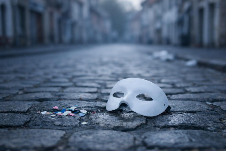 Dokumentarische Fotografie einer stillen Altstadtstraße am frühen Morgen nach einem Fest mit einer einzelnen schlichten Karnevalsmaske auf leicht feuchtem Kopfsteinpflaster und verstreutem Konfetti.