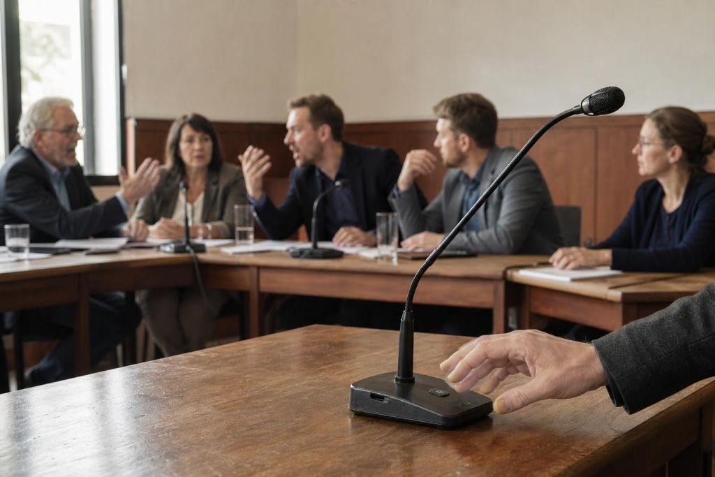 Schwarzes Schwanenhalsmikrofon auf einem abgenutzten Holztisch in einem deutschen kommunalen Ratssaal. Im Hintergrund diskutieren mehrere erwachsene Sitzungsteilnehmer kontrovers miteinander. Eine Hand zieht sich von der Sprechtaste am Mikrofonsockel zurück. Die Szene zeigt natürliche Hautfarben und gedämpfte Braun- und Grautöne.