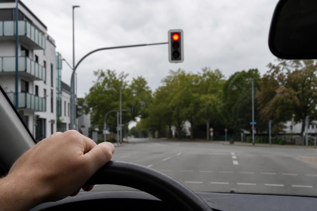 Blick vom Beifahrersitz durch die Windschutzscheibe auf eine deutsche Kreuzung mit roter Ampel, im Vordergrund eine locker am Lenkrad ruhende Hand, ruhige Straße bei leicht bedecktem Septembermorgenlicht.