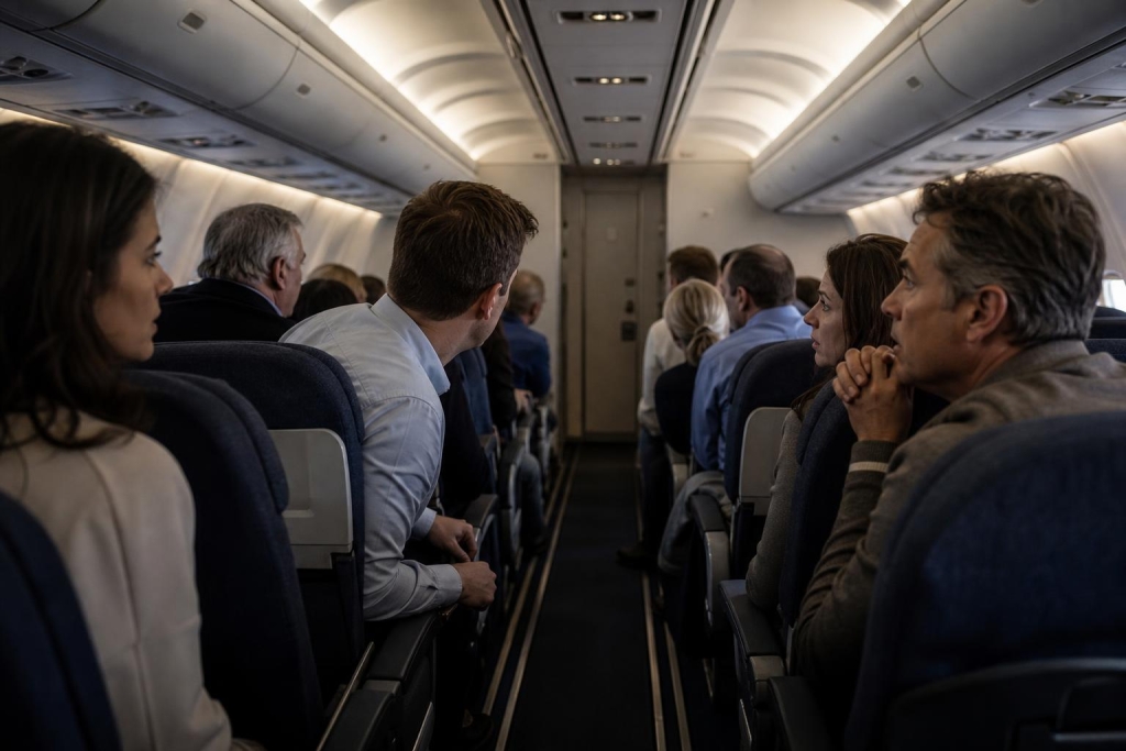 Innenraum eines modernen Passagierflugzeugs im Querformat mit mehreren alarmierten Passagieren, die nach vorne zur geschlossenen Cockpittür blicken, die am Ende des Ganges sichtbar ist. Die Passagiere sitzen angespannt und nervös, einige halten Armlehnen fest. Kühle Kabinenbeleuchtung und Tageslicht von den Fenstern sorgen für dezente Farben und realistische Hauttöne.
