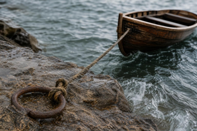 Ein kleines hölzernes Ruderboot ist mit einem feuchten, beanspruchten Festmachertau an einem alten Eisenring an einem felsigen Küstenanleger befestigt. Das Tau verläuft diagonal über raue Felsen, das Wasser ist grau-grün und leicht bewegt. Der Bildausschnitt zeigt den Hafenbereich im Querformat ohne Horizont oder weitere Objekte.