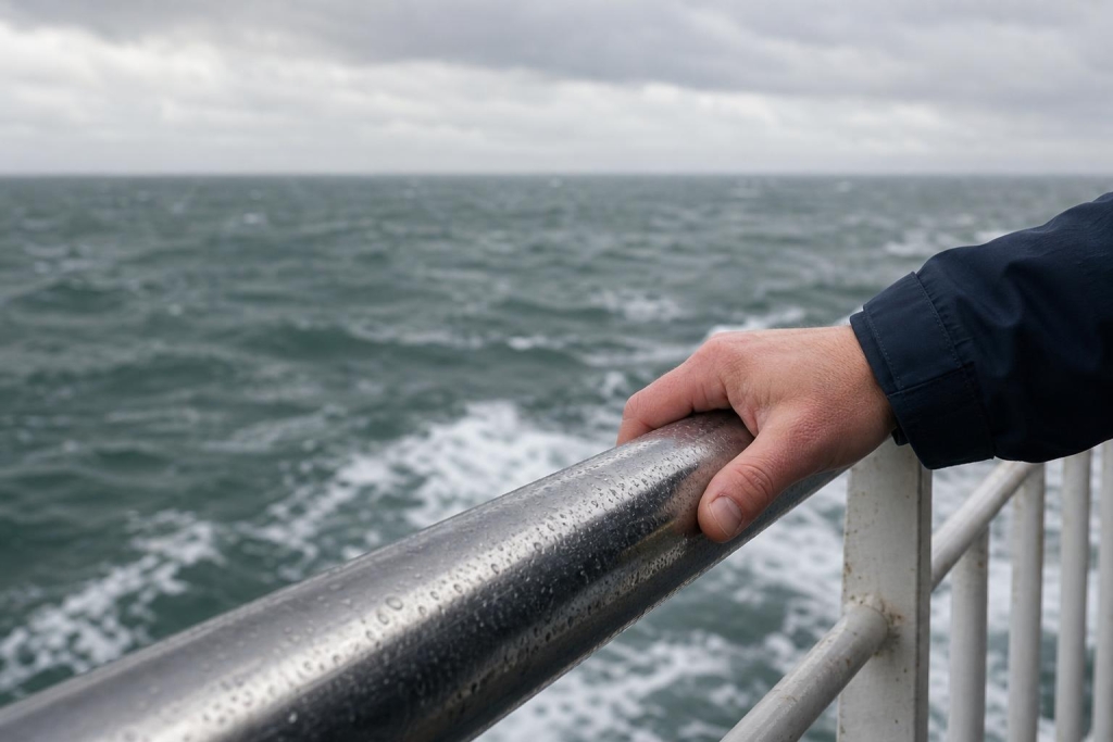 Nahaufnahme einer erwachsenen Hand auf einem abgenutzten Metallhandlauf an Deck einer älteren Passagierfähre auf der Irischen See. Die Hand liegt ruhig locker auf dem handlauf, umgeben von dunkelblauem Jackenärmel. Im Hintergrund ist die graugrüne, bewegte See mit weißen Schaumkronen und ein bedeckter Himmel zu sehen.